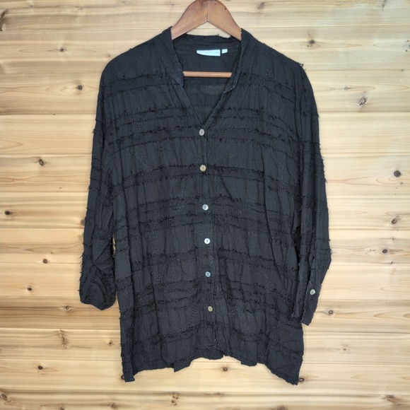 Lulu-B Tops - Lulu-B Black Textured Embroidered Cotton Button Down‎ Shirt Plus Size 2X Boho